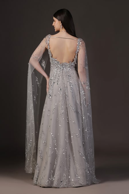 Pooja Peshoria Silver Hand Embroidered Cape Gown 