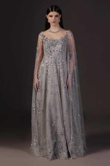 Pooja Peshoria_Silver Net, Crepe, Viscose Sequins Round Neck Hand Embroidered Cape Gown _Online_at_Aza_Fashions