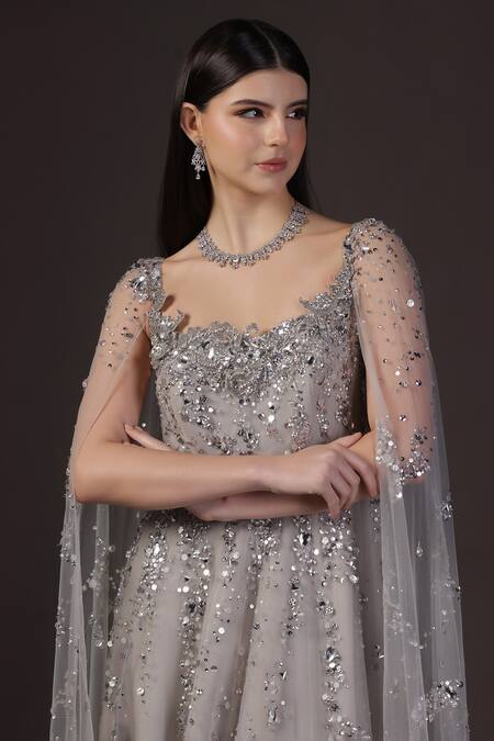 Buy_Pooja Peshoria_Silver Net, Crepe, Viscose Sequins Round Neck Hand Embroidered Cape Gown _Online_at_Aza_Fashions