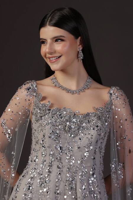 Shop_Pooja Peshoria_Silver Net, Crepe, Viscose Sequins Round Neck Hand Embroidered Cape Gown _Online_at_Aza_Fashions