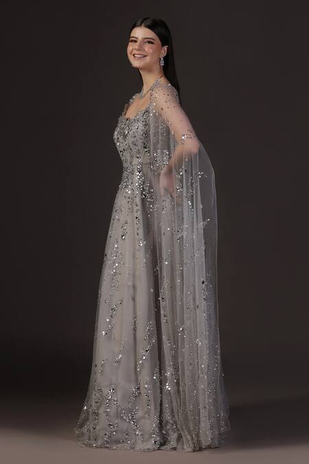 Buy_Pooja Peshoria_Silver Net, Crepe, Viscose Sequins Round Neck Hand Embroidered Cape Gown 