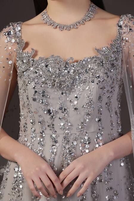 Shop_Pooja Peshoria_Silver Net, Crepe, Viscose Sequins Round Neck Hand Embroidered Cape Gown 
