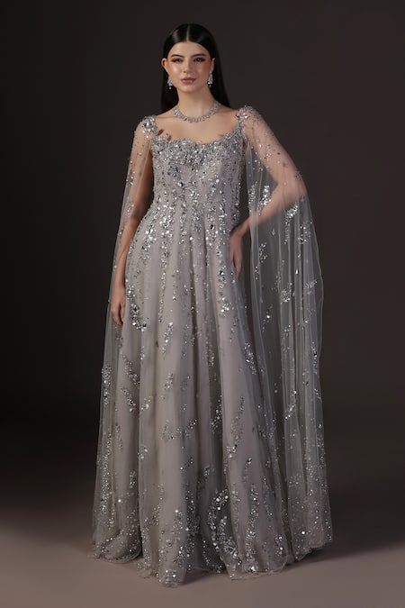 Pooja Peshoria Silver Hand Embroidered Cape Gown 
