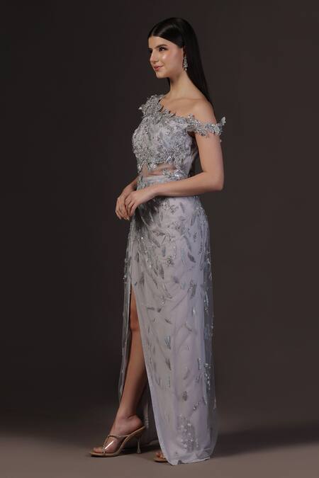 Pooja Peshoria_Blue Net, Crepe Sequins, Beads Draped Gown With 3d Embroidered Sleeves _Online_at_Aza_Fashions