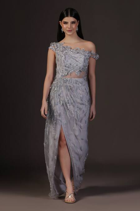 Buy_Pooja Peshoria_Blue Net, Crepe Sequins, Beads Draped Gown With 3d Embroidered Sleeves _Online_at_Aza_Fashions