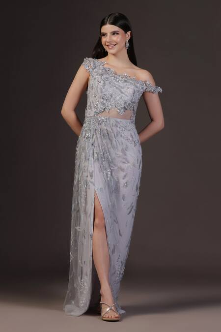 Shop_Pooja Peshoria_Blue Net, Crepe Sequins, Beads Draped Gown With 3d Embroidered Sleeves _Online_at_Aza_Fashions