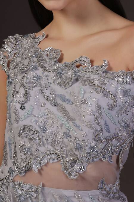 Pooja Peshoria_Blue Net, Crepe Sequins, Beads Draped Gown With 3d Embroidered Sleeves _at_Aza_Fashions