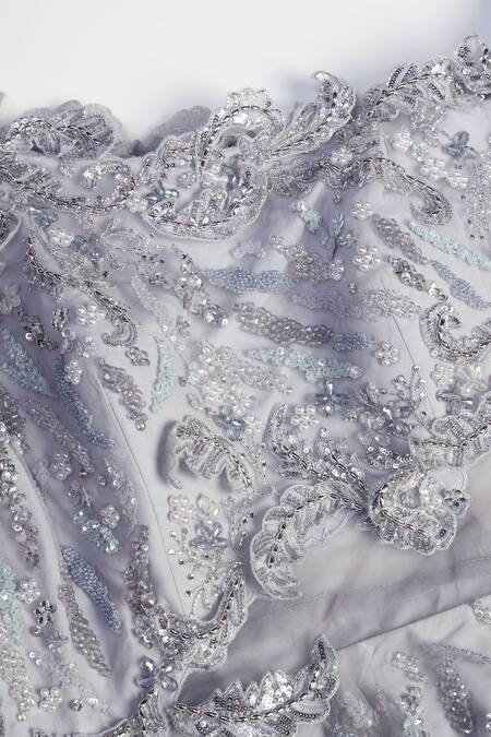 Buy_Pooja Peshoria_Blue Net, Crepe Sequins, Beads Draped Gown With 3d Embroidered Sleeves 