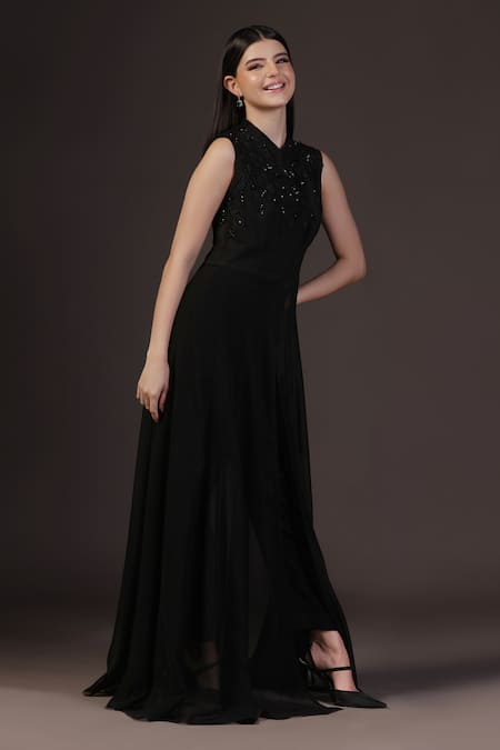 Pooja Peshoria_Black Georgette, Satin Beads Mandarin Collar Hand Embroidered Kurta Set _Online_at_Aza_Fashions