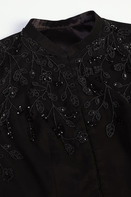 Buy_Pooja Peshoria_Black Georgette, Satin Beads Mandarin Collar Hand Embroidered Kurta Set _Online_at_Aza_Fashions