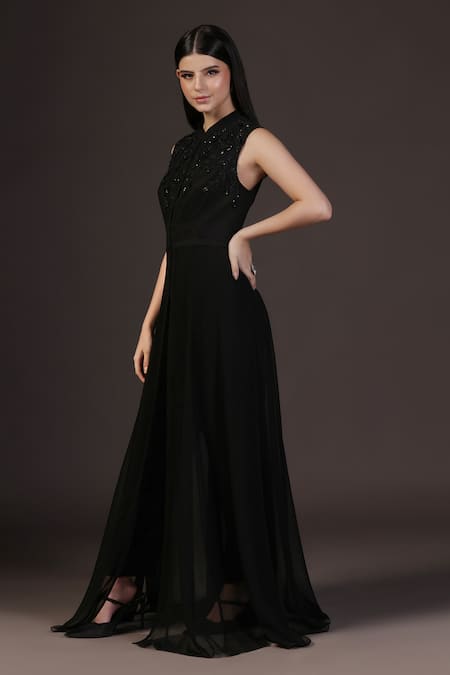 Shop_Pooja Peshoria_Black Georgette, Satin Beads Mandarin Collar Hand Embroidered Kurta Set _Online_at_Aza_Fashions