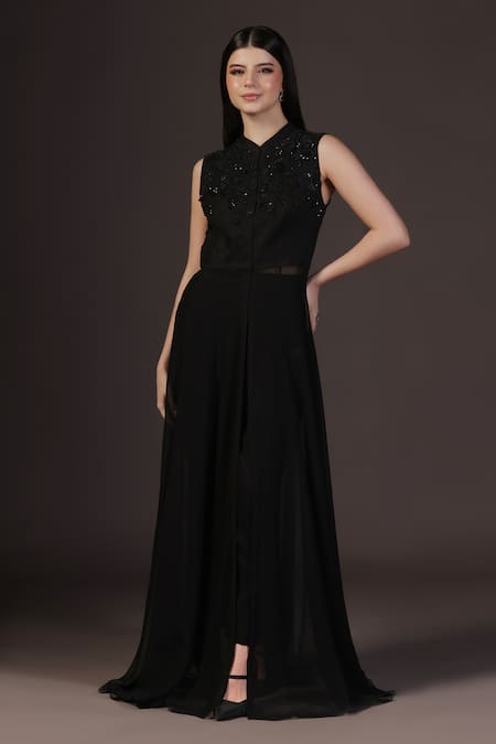 Shop_Pooja Peshoria_Black Georgette, Satin Beads Mandarin Collar Hand Embroidered Kurta Set 