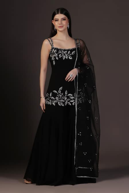 Pooja Peshoria Black Georgette, Satin Sequins, Embroidery Square Neck Hand Kurta Set 