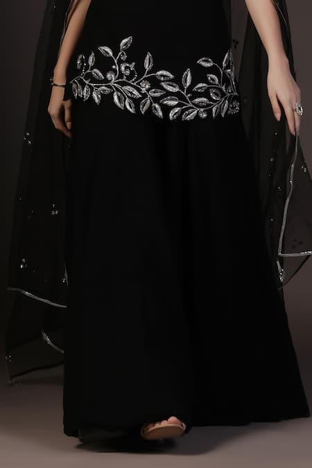 Shop_Pooja Peshoria_Black Georgette, Satin Sequins, Embroidery Square Neck Hand Kurta Set _Online_at_Aza_Fashions