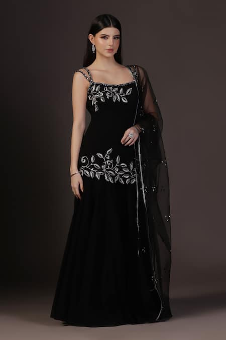 Shop_Pooja Peshoria_Black Georgette, Satin Sequins, Embroidery Square Neck Hand Kurta Set 