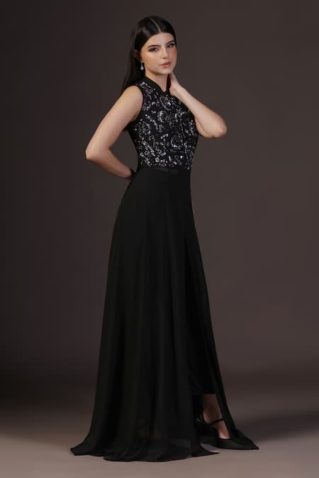 Pooja Peshoria_Black Georgette, Satin Sequins, Embroidery Mandarin Collar Hand Kurta Set _Online_at_Aza_Fashions