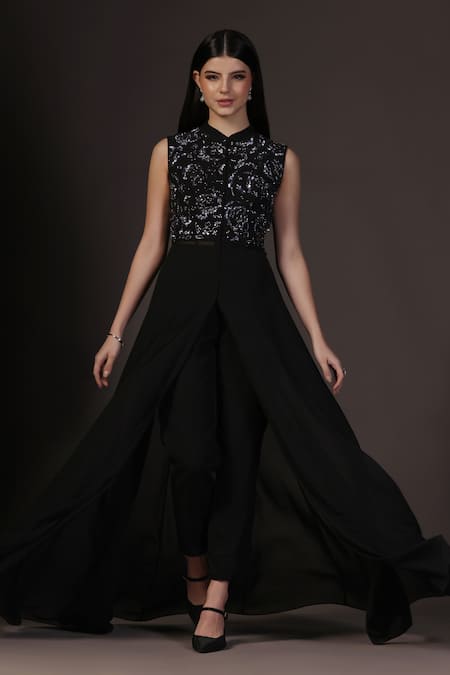 Buy_Pooja Peshoria_Black Georgette, Satin Sequins, Embroidery Mandarin Collar Hand Kurta Set _Online_at_Aza_Fashions