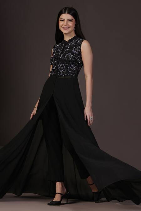 Shop_Pooja Peshoria_Black Georgette, Satin Sequins, Embroidery Mandarin Collar Hand Kurta Set _Online_at_Aza_Fashions