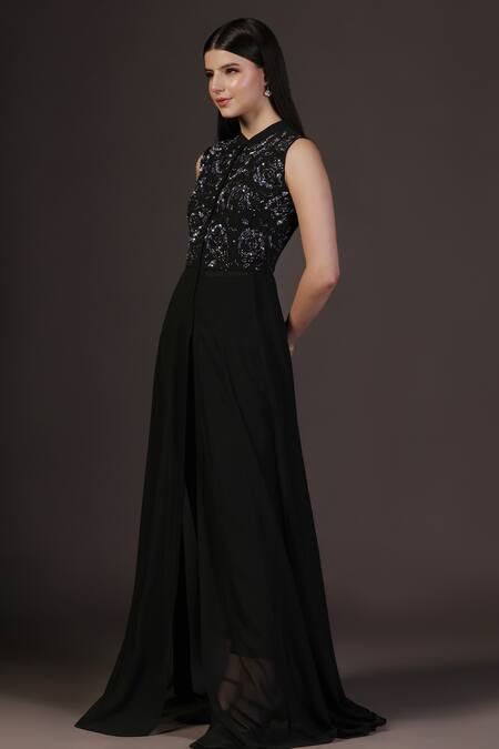 Buy_Pooja Peshoria_Black Georgette, Satin Sequins, Embroidery Mandarin Collar Hand Kurta Set 