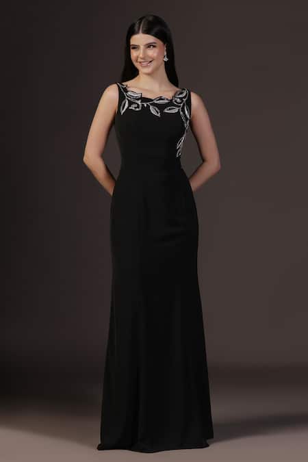 Shop_Pooja Peshoria_Black Polyester Round Neck Hand Embroidered Mermaid Gown 