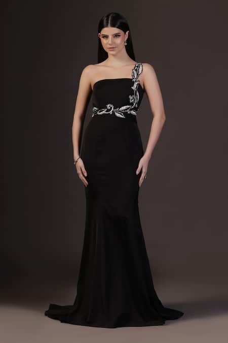 Pooja Peshoria_Black Polyester Embroidery One Shoulder Hand Gown _Online_at_Aza_Fashions