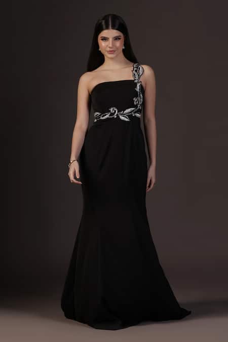 Shop_Pooja Peshoria_Black Polyester Embroidery One Shoulder Hand Gown _Online_at_Aza_Fashions