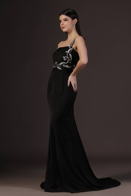 Buy_Pooja Peshoria_Black Polyester Embroidery One Shoulder Hand Gown 