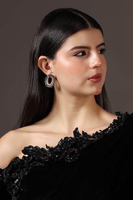 Pooja Peshoria_Black Polyester, Velour Sequins, Embroidery Asymmetric Velvet One-shoulder Gown _Online_at_Aza_Fashions