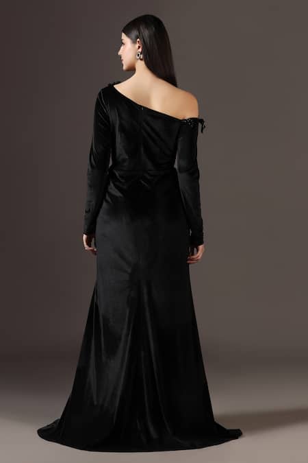 Pooja Peshoria Black Velvet One-Shoulder Gown 