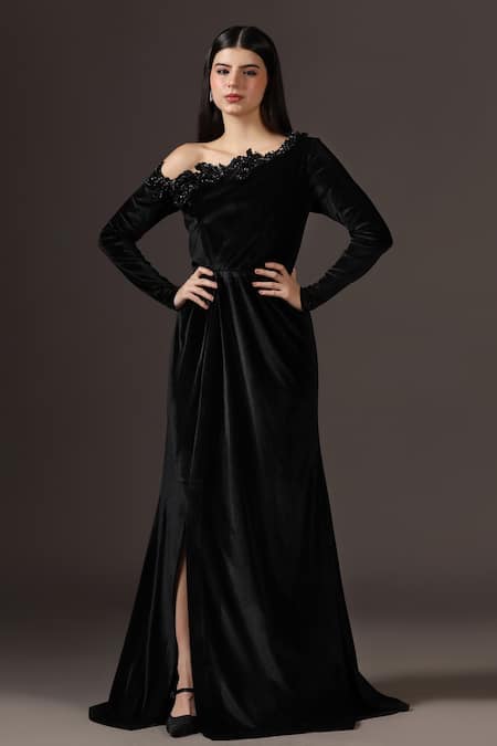 Pooja Peshoria Black Polyester, Velour Sequins, Embroidery Asymmetric Velvet One-shoulder Gown 