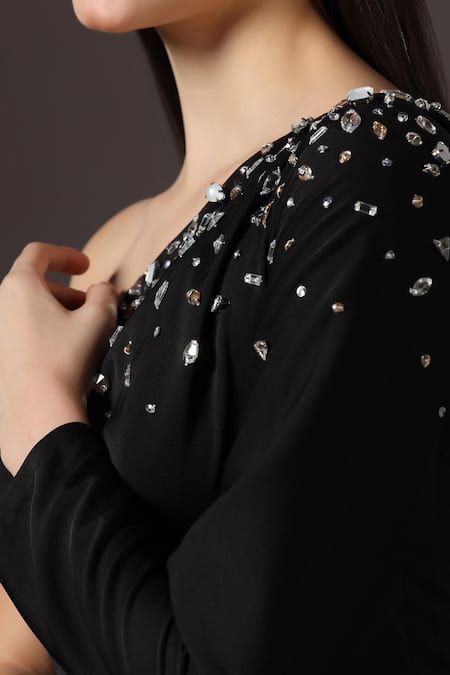 Pooja Peshoria_Black Crepe Crystals Asymmetric One-shoulder Embellished Gown _Online_at_Aza_Fashions