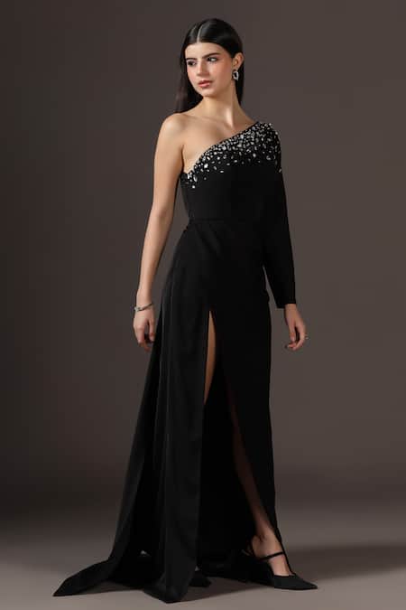 Buy_Pooja Peshoria_Black Crepe Crystals Asymmetric One-shoulder Embellished Gown _Online_at_Aza_Fashions