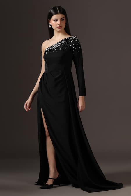 Shop_Pooja Peshoria_Black Crepe Crystals Asymmetric One-shoulder Embellished Gown _Online_at_Aza_Fashions