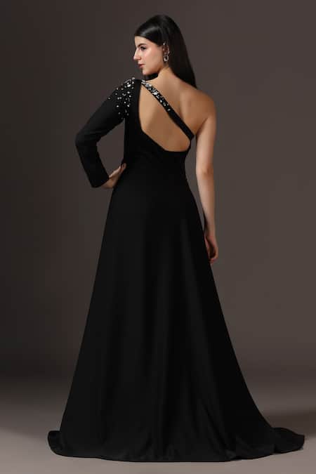 Pooja Peshoria Black One-Shoulder Embellished Gown 