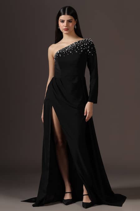 Pooja Peshoria Black Crepe Crystals Asymmetric One-shoulder Embellished Gown 
