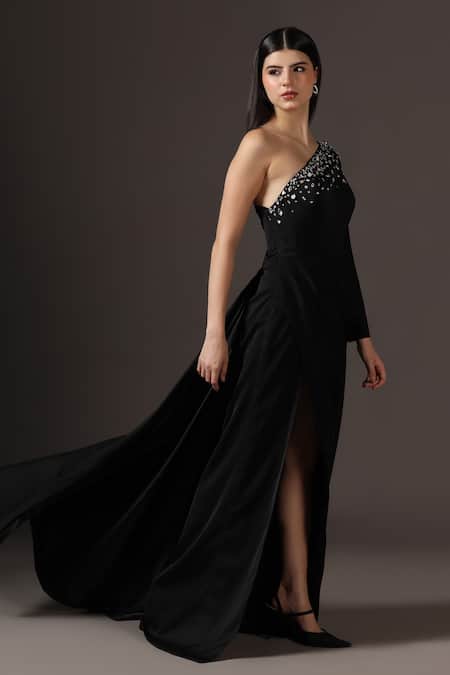 Pooja Peshoria_Black Crepe Crystals Asymmetric One-shoulder Embellished Gown _at_Aza_Fashions