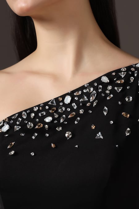 Shop_Pooja Peshoria_Black Crepe Crystals Asymmetric One-shoulder Embellished Gown 