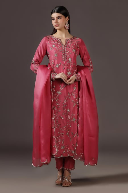 Pooja Peshoria Pink Silk, Organza Sequins, Crystals, Cut Work Royal Hand Embroidered Kurta Set 