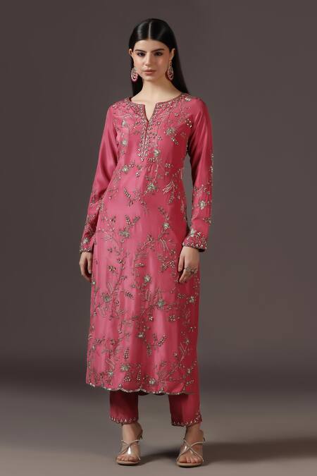 Pooja Peshoria_Pink Silk, Organza Sequins, Crystals, Cut Work Royal Hand Embroidered Kurta Set _Online_at_Aza_Fashions
