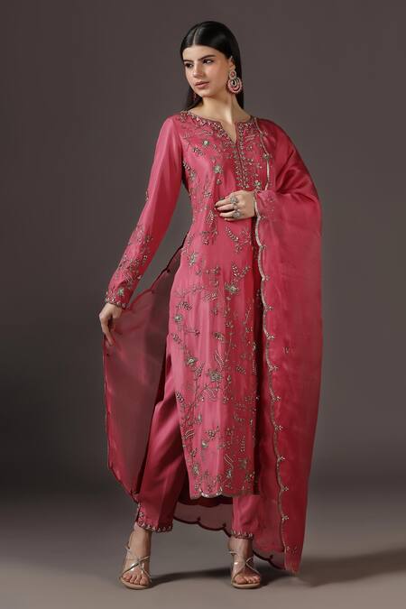 Shop_Pooja Peshoria_Pink Silk, Organza Sequins, Crystals, Cut Work Royal Hand Embroidered Kurta Set _Online_at_Aza_Fashions