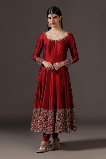 Pooja Peshoria_Red Silk, Net Sequins, Embroidery Round Neck Hand Anarkali Set _Online_at_Aza_Fashions