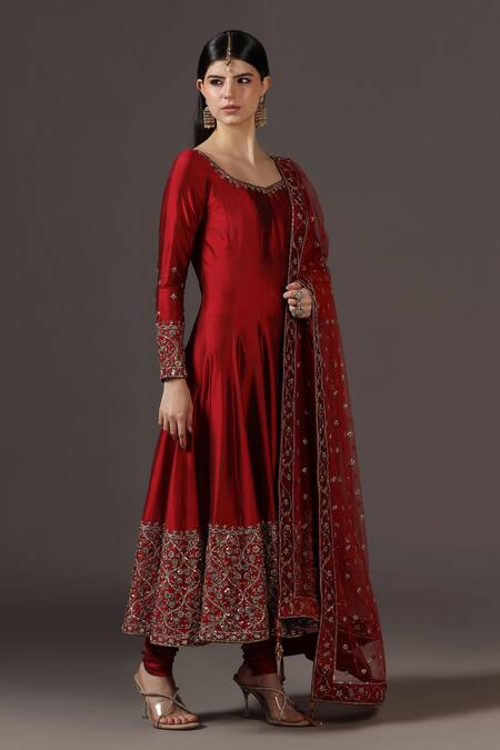 Buy_Pooja Peshoria_Red Silk, Net Sequins, Embroidery Round Neck Hand Anarkali Set _Online_at_Aza_Fashions