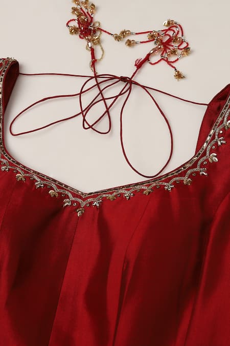 Shop_Pooja Peshoria_Red Silk, Net Sequins, Embroidery Round Neck Hand Anarkali Set _Online_at_Aza_Fashions