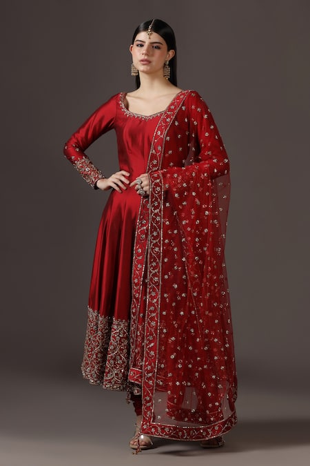Pooja Peshoria Red Silk, Net Sequins, Embroidery Round Neck Hand Anarkali Set 