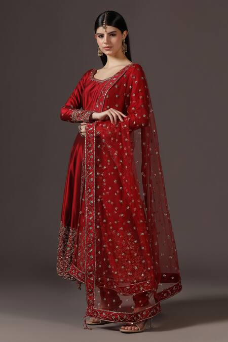 Buy_Pooja Peshoria_Red Silk, Net Sequins, Embroidery Round Neck Hand Anarkali Set 