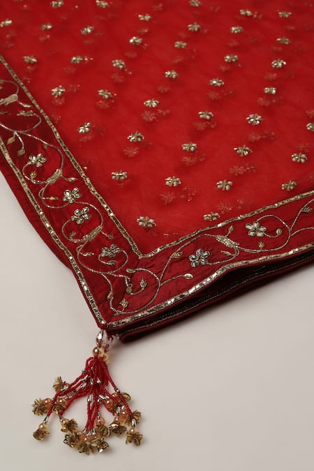 Shop_Pooja Peshoria_Red Silk, Net Sequins, Embroidery Round Neck Hand Anarkali Set 