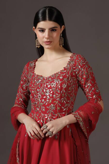 Buy_Pooja Peshoria_Red Polyester, Georgette, Net Crystals, Zari Round Hand Embroidered Anarkali Set _Online_at_Aza_Fashions