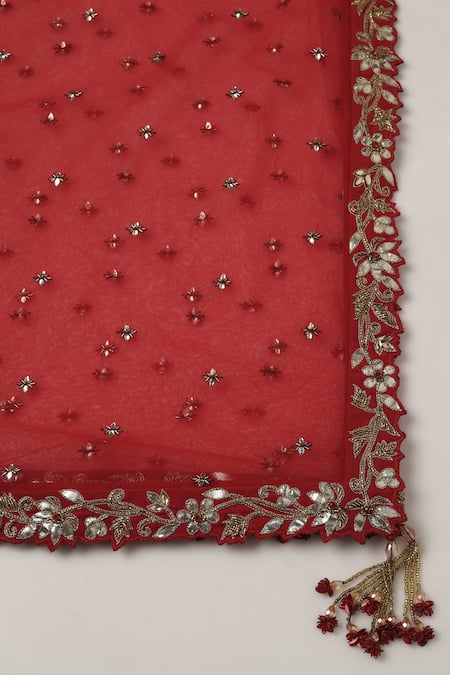 Pooja Peshoria_Red Polyester, Georgette, Net Crystals, Zari Round Hand Embroidered Anarkali Set _at_Aza_Fashions