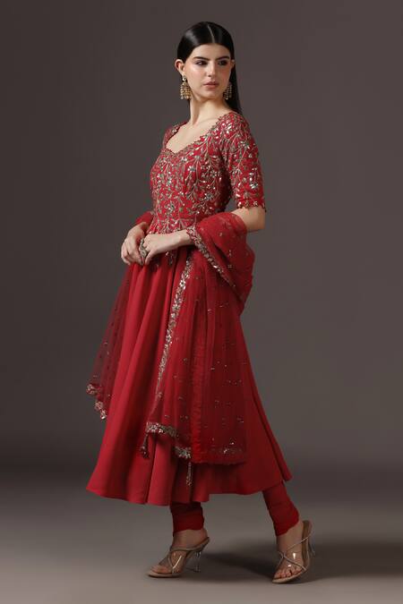 Buy_Pooja Peshoria_Red Polyester, Georgette, Net Crystals, Zari Round Hand Embroidered Anarkali Set 