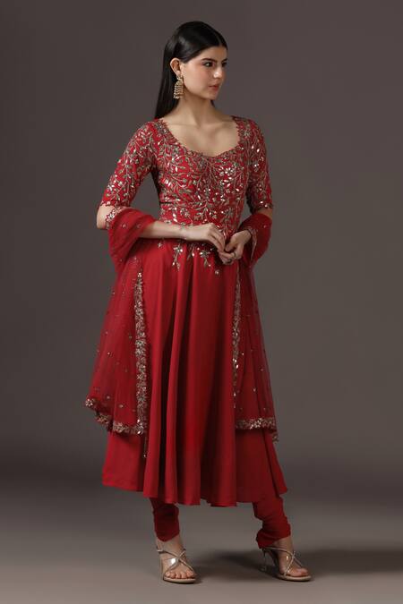 Shop_Pooja Peshoria_Red Polyester, Georgette, Net Crystals, Zari Round Hand Embroidered Anarkali Set 